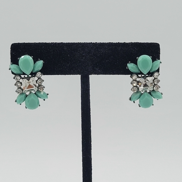 Mint Cabachon & Clear Crystal Earrings Hematite Tone Setting #1226 - Picture 10 of 11